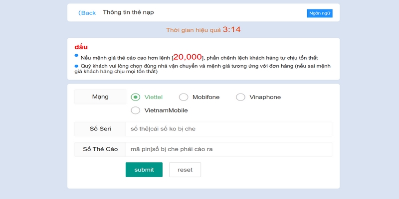 Người chơ nạp tiền phải nhập đúng thông tin về số thẻ cào